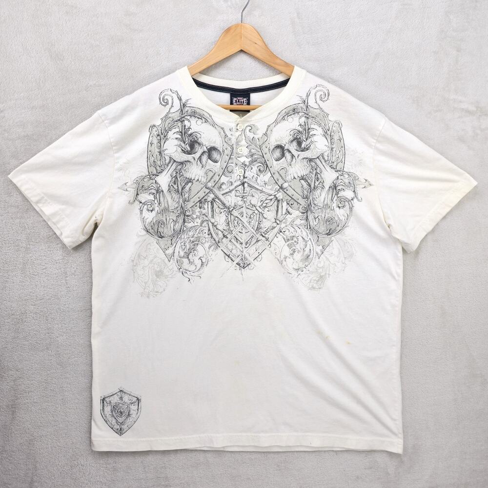 Vintage MMA Elite Henley Shirt Mens XXL Skull Grunge Cross Gothic Y2K Swords